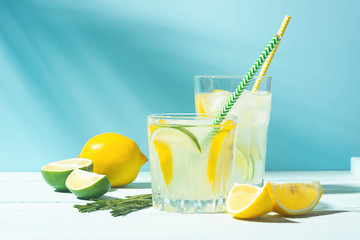 A drink of lemon and lime in an elegant glass on blue background with bright sunshine and sharp shadows from the plant.