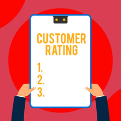Text sign showing Customer Rating. Business photo text Each point of the customers enhances the experience Two executive male hands holding electronic device geometrical background