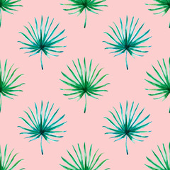 Seamless pattern from tropical leaves. Palm. Watercolor painting. Exotic plant. Natural print. Sketch drawing. Botanical composition. Greeting card. Painted background. Hand drawn illustration