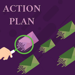 Handwriting text Action Plan. Conceptual photo proposed strategy or course of actions for certain time Magnifying Glass on One Different Color Envelope and others has Same Shade