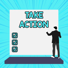 Conceptual hand writing showing Take Action. Concept meaning to do somethingoract in order to get a particular result Woman watching blank big rectangle. Geometrical background