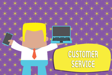 Conceptual hand writing showing Customer Service. Concept meaning process of ensuring client satisfaction with product Professional man holding laptop in left mobile phone right