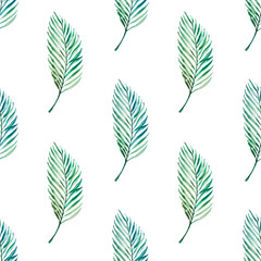 Fototapeta na wymiar Seamless pattern from tropical leaves. Palm. Watercolor painting. Exotic plant. Natural print. Sketch drawing. Botanical composition. Greeting card. Painted background. Hand drawn illustration