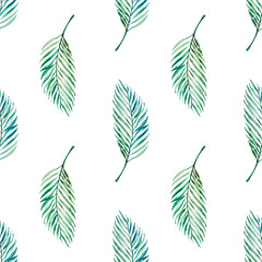 Fototapeta na wymiar Seamless pattern from tropical leaves. Palm. Watercolor painting. Exotic plant. Natural print. Sketch drawing. Botanical composition. Greeting card. Painted background. Hand drawn illustration