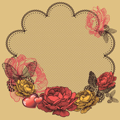 Background with blooming roses, lace napkin and butterflies. Hand drawing.Vector illustration. - 274368702