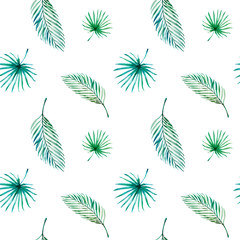 Seamless pattern from tropical leaves. Palm. Watercolor painting. Exotic plant. Natural print. Sketch drawing. Botanical composition. Greeting card. Painted background. Hand drawn illustration