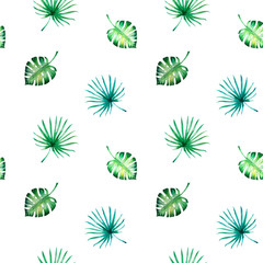 Tropical leaves seamless pattern. Monstera, palm. Watercolor painting. Exotic plant. Natural print. Sketch drawing. Botanical composition. Greeting card. Painted background. Hand drawn illustration