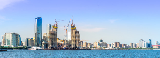 Fototapeta premium Baku, Azerbaijan - May 22, 2019: Azerbaijan, Baku City panorama skyline and caspian sea. panoramic shot.