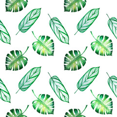 Seamless pattern from tropical leaves. Monstera. Watercolor painting. Exotic plant. Natural print. Sketch drawing. Botanical composition. Greeting card. Painted background. Hand drawn illustration