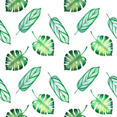 Seamless pattern from tropical leaves. Monstera. Watercolor painting. Exotic plant. Natural print. Sketch drawing. Botanical composition. Greeting card. Painted background. Hand drawn illustration