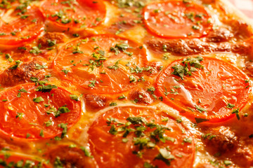 Close up Pizza Margarita. Delicious hot food sliced and served on white platter. Menu photo, Italian fast food.