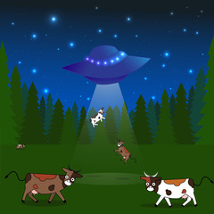 Vector illustration of cows graze in a field, in night landscape funny extraterrestrial flew to our planet.