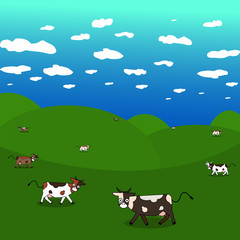 Dairy cows in a meadow, summer  landscape, cow on ranch fields and country.