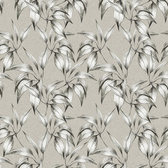 branches and leaves are painted with black pencil in vintage graphic style on grey textured seamless background, for design, wrapping paper, Wallpaper, fabric, textile