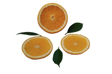 Slice orange and leafs isolated on white background