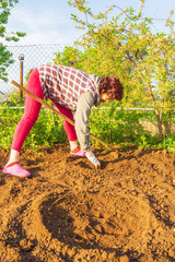 Beautiful mature women preparing the hole in the ground for planting vegetables.