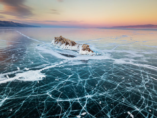 Elenka Island on Lake Baikal in winter. Aerial view.