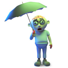 It never rains it pours on poor zombie monster with umbrella, 3d illustration
