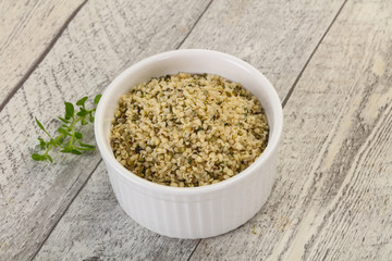 Peeled hemp seeds in the bowl