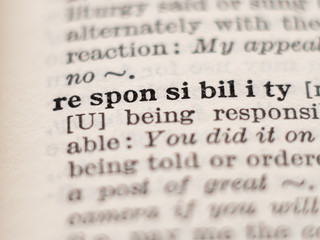 Dictionary definition of word responsibility, selective focus.