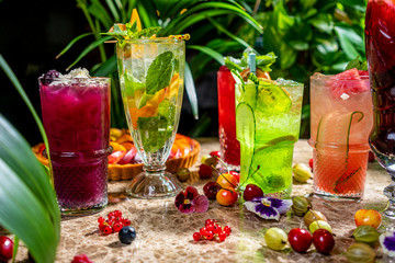Colorful cocktails on the bar table in restaurant.