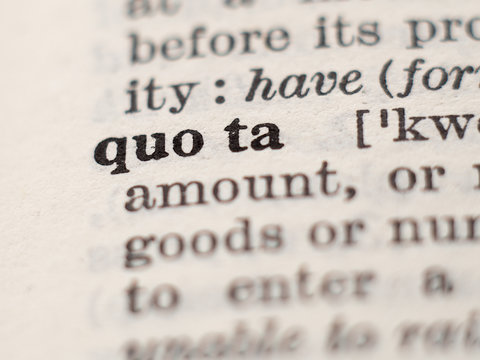 Dictionary definition of word Quota, selective focus.