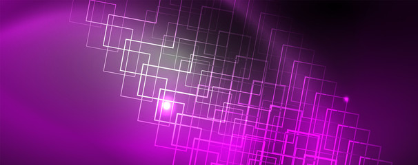 Shiny neon techno template. Neon lines background, 80s style laser rays