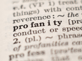 Dictionary definition of word profanity, selective focus.