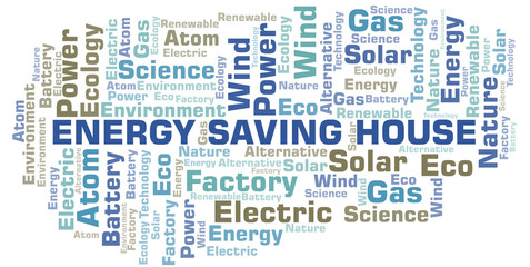 Energy Saving House word cloud. Wordcloud made with text only.