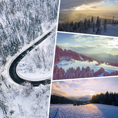 Collage of pictures on the theme of winter. Landscape from above. Travel background.