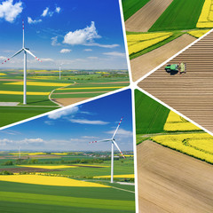 Collage of aerial view of wind turbine. Rapeseed blooming. Windmills and yellow fields from above. Agricultural fields on a summer day. Renewable Energy.