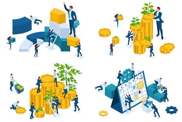 Set isometric concept Businessmen invest money, grow money, are engaged in planning and analysis. To create web applications