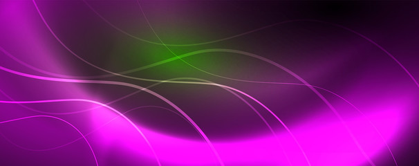 Shiny neon lines template - northern lights glowing blur lines. Futuristic style glow neon 80s disco club or night party techno template
