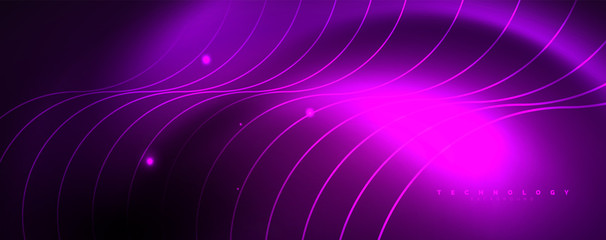 Shiny neon lights, dark abstract background with blurred magic neon light curved lines