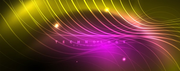 Bright neon circles and wave lines, glowing shiny background design template, digital techno concept.
