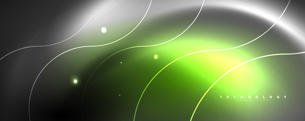 Fototapeta premium Shiny neon lights, dark abstract background with blurred magic neon light curved lines