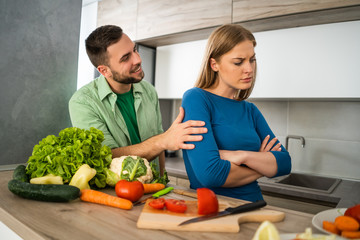 Wife is angry because she has to cook.