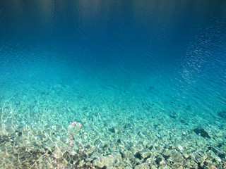 Clear blue water in the lake in Jiuzhaigou national park Sichuan province China    