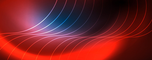 Trendy neon blue abstract design with waves and circles. Neon light glowing effect. Abstract digital background.