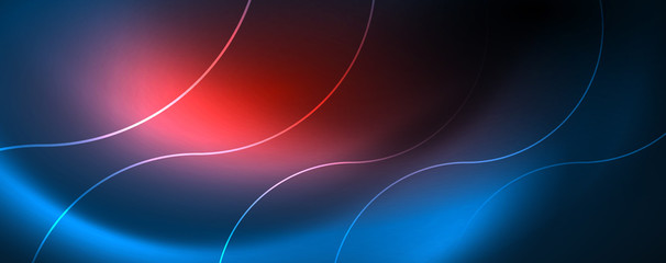 Trendy neon blue abstract design with waves and circles. Neon light glowing effect. Abstract digital background.