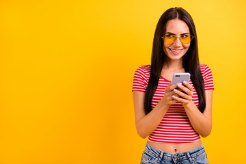 Portrait of nice pretty creative student blogger use user device have dialogue conversation eyewear...