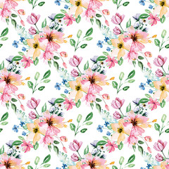 Watercolor flower seamless pattern. Repeat texture, wallpaper. Hand drawing vintage gardening background. 