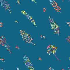 Obraz premium Vector seamless background with colorful watercolor illustration of herbs, plants and flowers. Can be used for wallpaper, pattern fills, web page, surface textures, textile print, wrapping paper