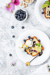 Homemade fresh blueberry butter cake with lime