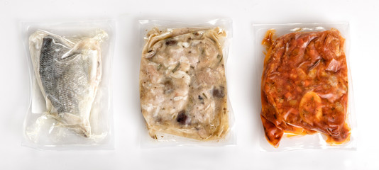 Three different fresh vacuum packed healthy meals
