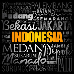 List of cities and towns in Indonesia, word cloud collage, business and travel concept background