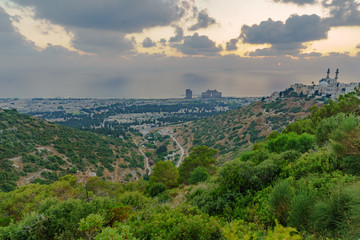 Fototapeta na wymiar Sunset view Carmel coast, Siach valley and Mahmud mosque, Haifa