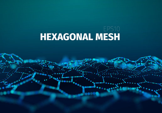 Data mesh connection. 3d futuristic blue background. Hexagonal particles grid