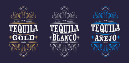 Three Tequila Labels. Tequila Premium Packaging Design. Lettering Composition and Curlicues Decorative Elements. Baroque Style.