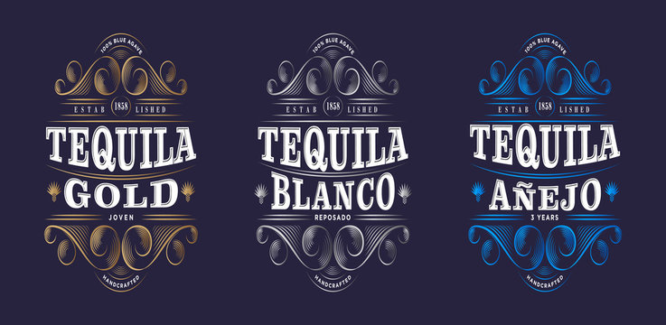 Three Tequila Labels. Tequila Premium Packaging Design. Lettering Composition and Curlicues Decorative Elements. Baroque Style.